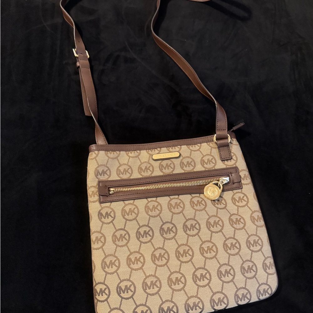 Michael Kors Tan and Brown Logo Crossbody Bag